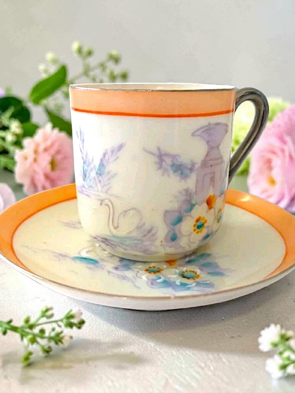 Hotta Yu Shoten Moriage SWAN Tea Cup Saucer Floral Demitasse Bone China Antique